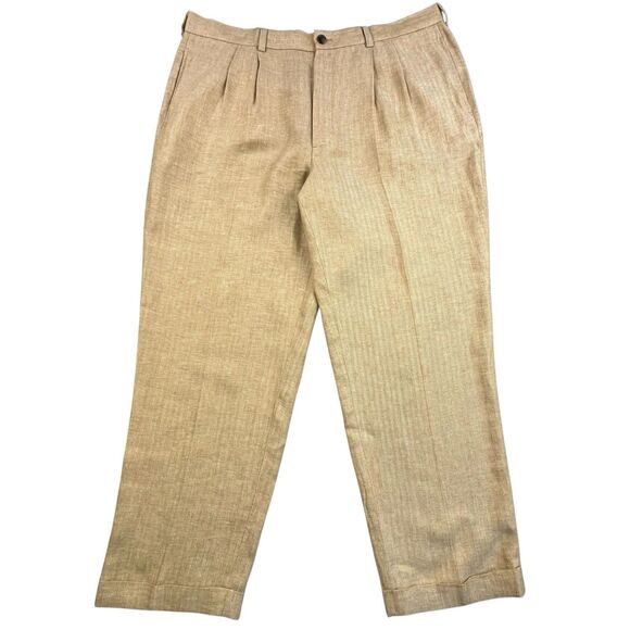 Brooks Brothers 346 Linen Pants Mens 42x32 Tan Brown Pleated Cuffed Herringbone - Picture 1 of 13